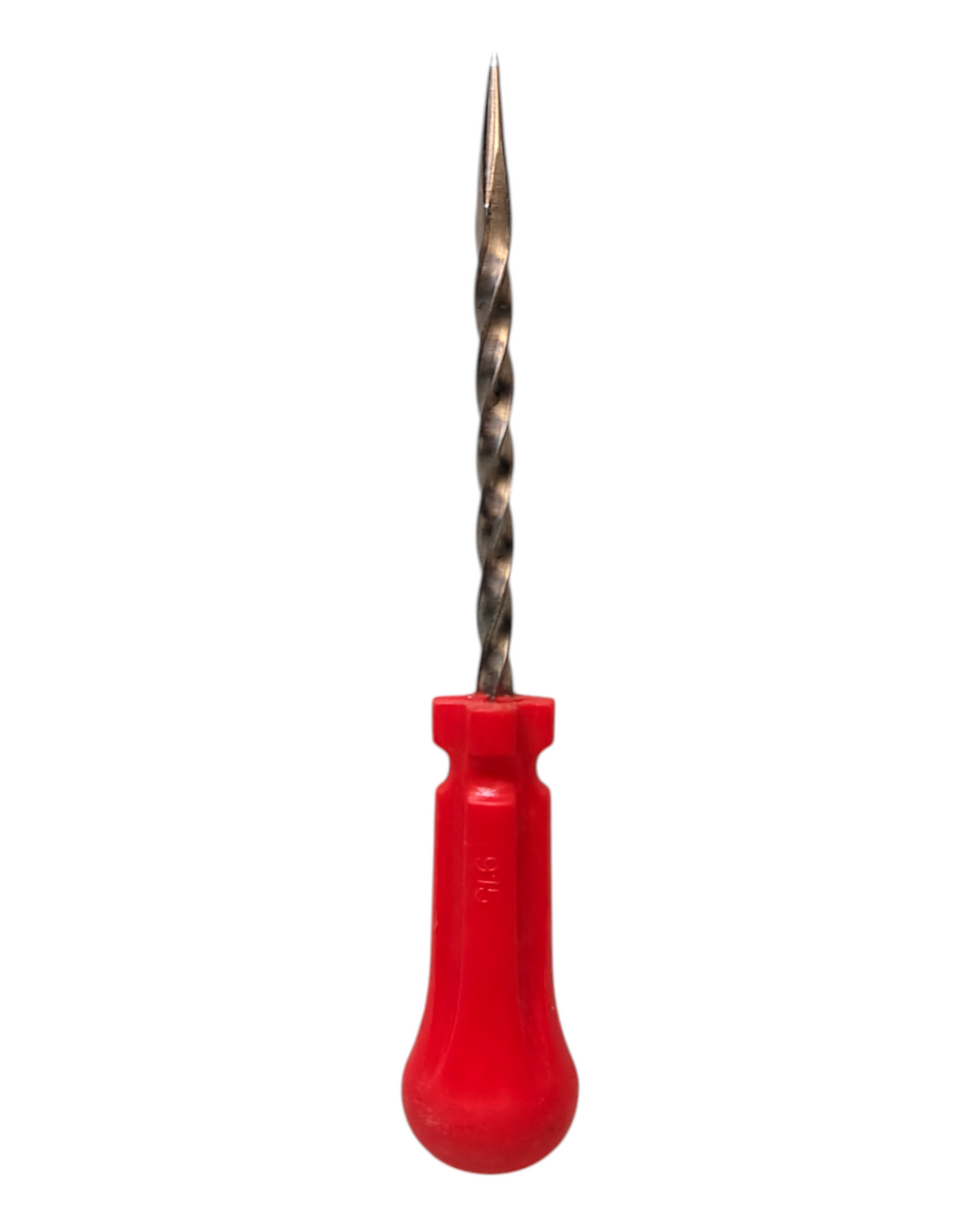 Red-handled tyre repair tool with spiral metal tip for puncture fixing