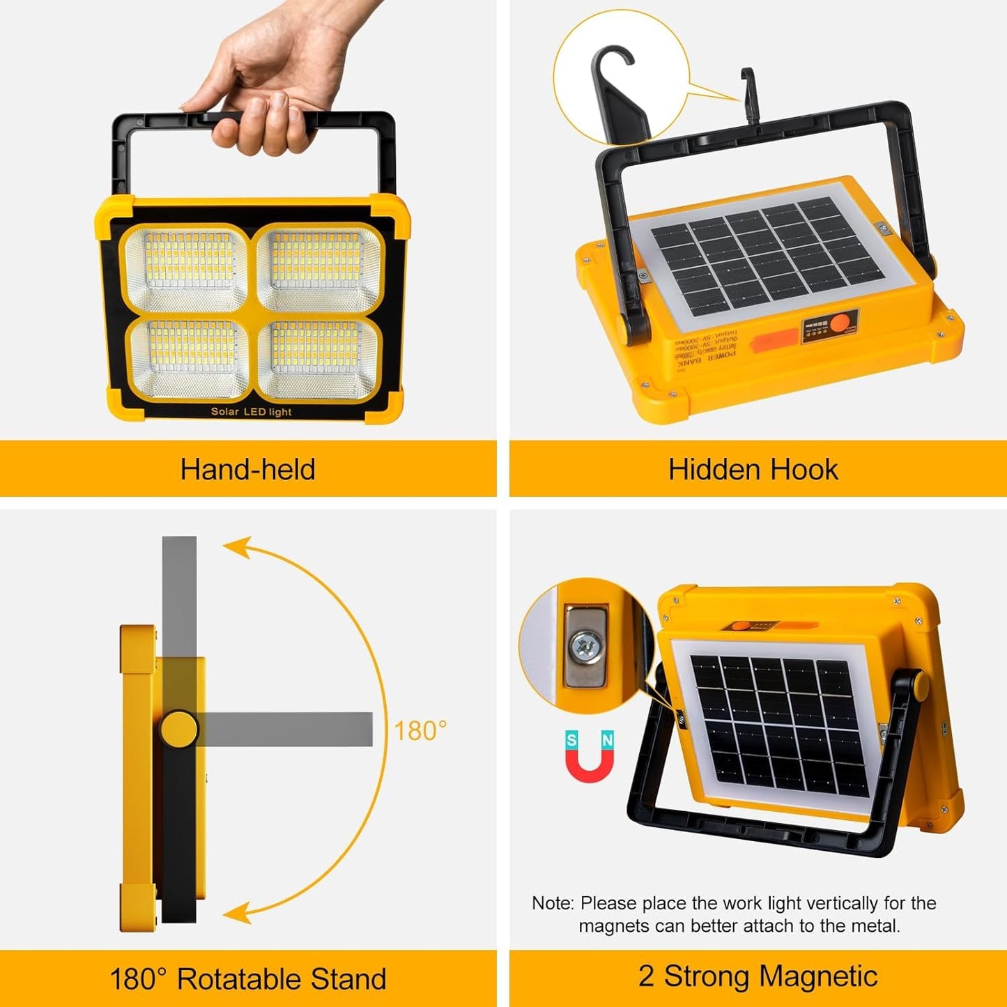 100W LED Work Light – 12000mAh Solar Rechargeable | 4 Light Modes