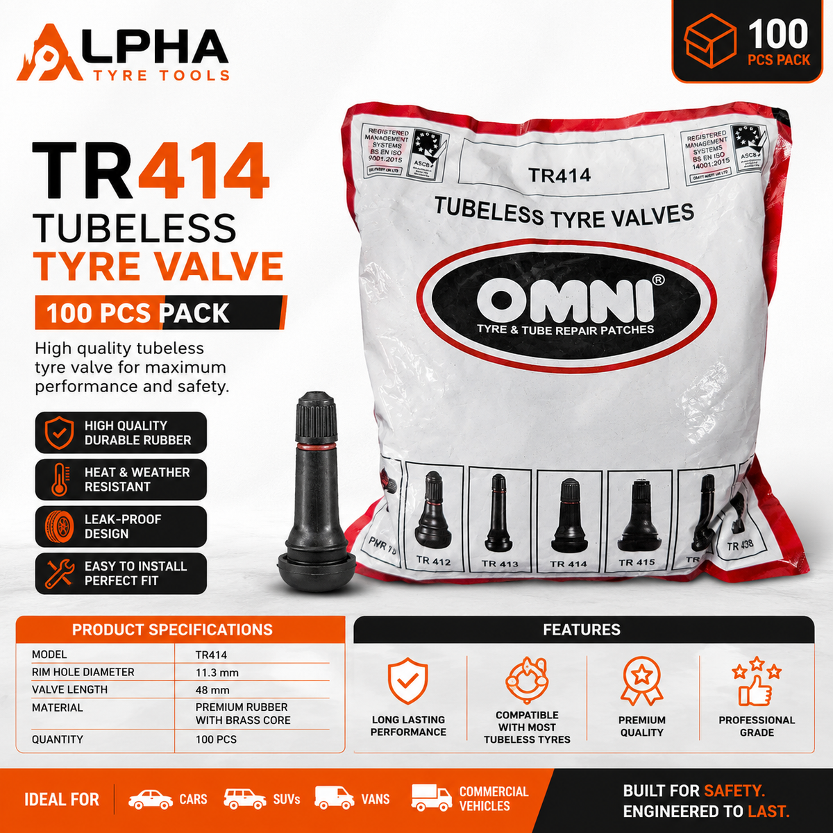 Omni Tubeless Valve TR414 – Pack of 100 Pcs | Alpha Tyre Tools