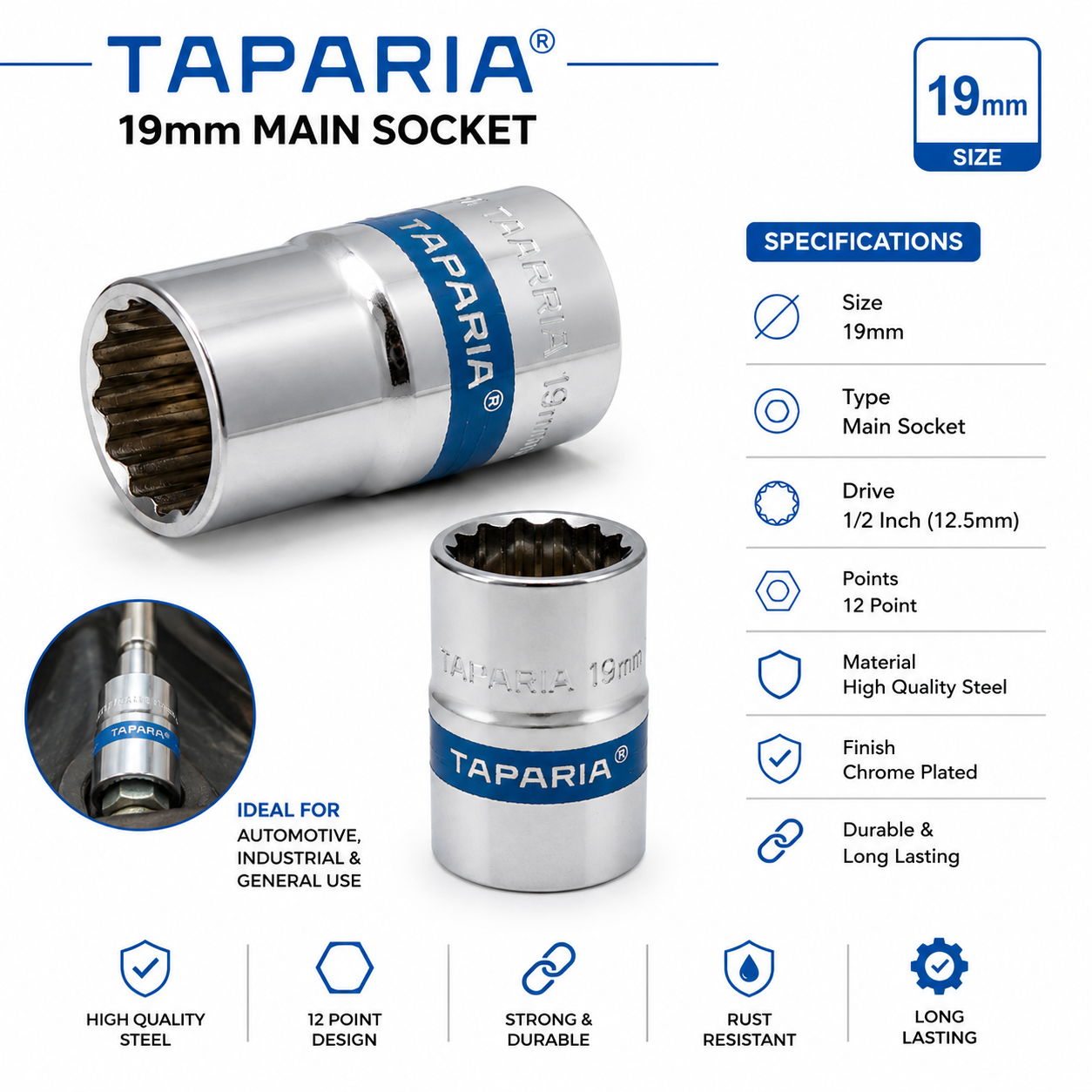 Taparia 19mm – 1/2 Inch Drive Chrome Molybdenum Impact Socket for Engine & Auto Use | Alpha Tyre Tools