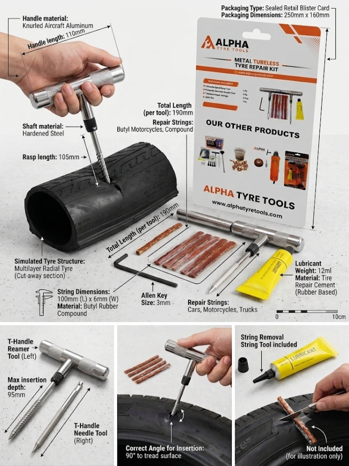 100% Metal Tubeless Repair Kit – Professional Heavy Duty Puncture Repair Set | Alpha Tyre Tools