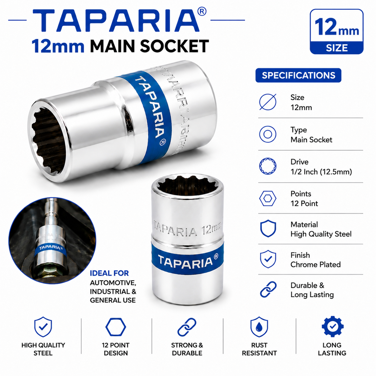 Taparia 12mm Impact Socket – 1/2 Inch Drive
