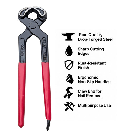 Drop-forged steel pliers with red handles, sharp cutting edges, and claw end for nail removal
