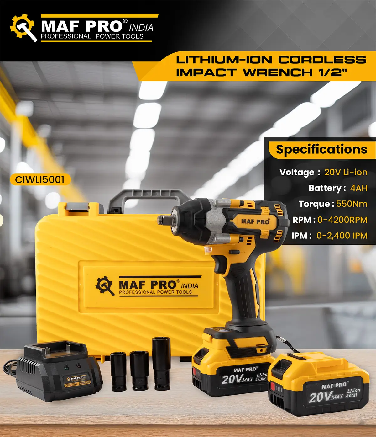 Cordless Impact Wrench 1/2" 550Nm – 20V Brushless 4AH Battery
