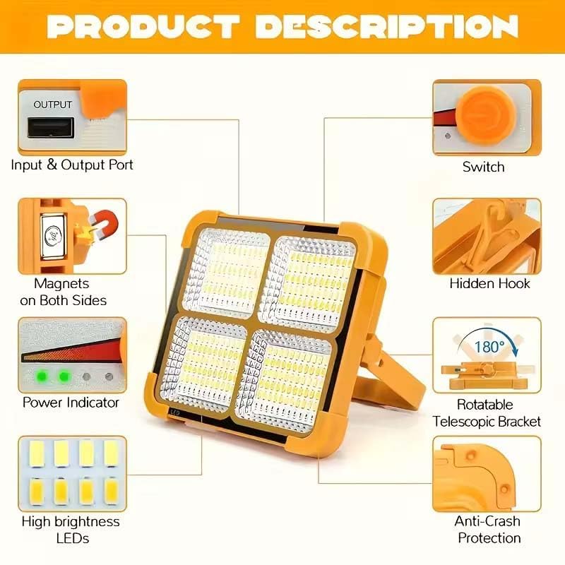 100W LED Work Light – 12000mAh Solar Rechargeable | 4 Light Modes