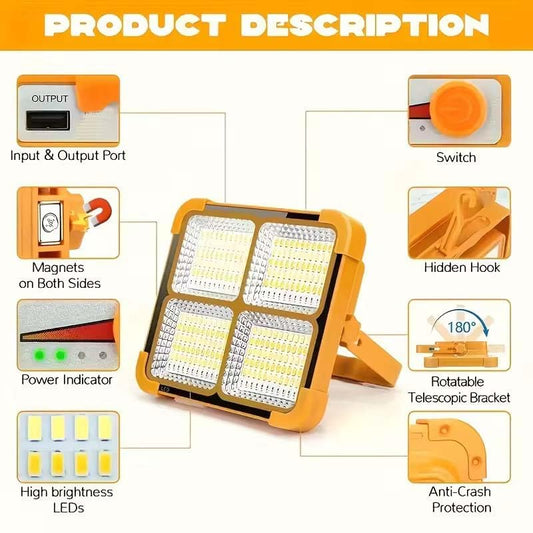 100W LED Work Light – 12000mAh Solar Rechargeable | 4 Light Modes