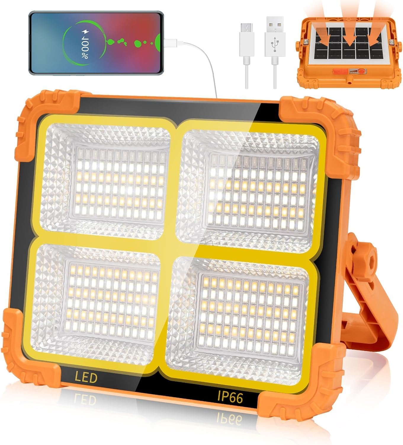 100W LED Work Light – 12000mAh Solar Rechargeable | 4 Light Modes