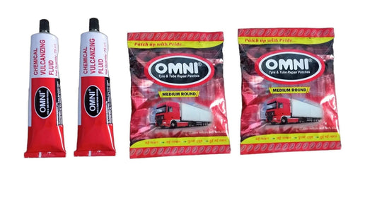 Omni Tyre & Tube Puncture Repair Patches Medium Round 60 Pcs + CVF Solution 75ml – Pack of 2 | Alpha Tyre Tools