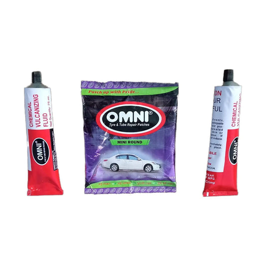 Omni Mini Round Tyre & Tube Repair Patches 50 Pcs + CVF Solution 75ml – Pack of 2 | Alpha Tyre Tools