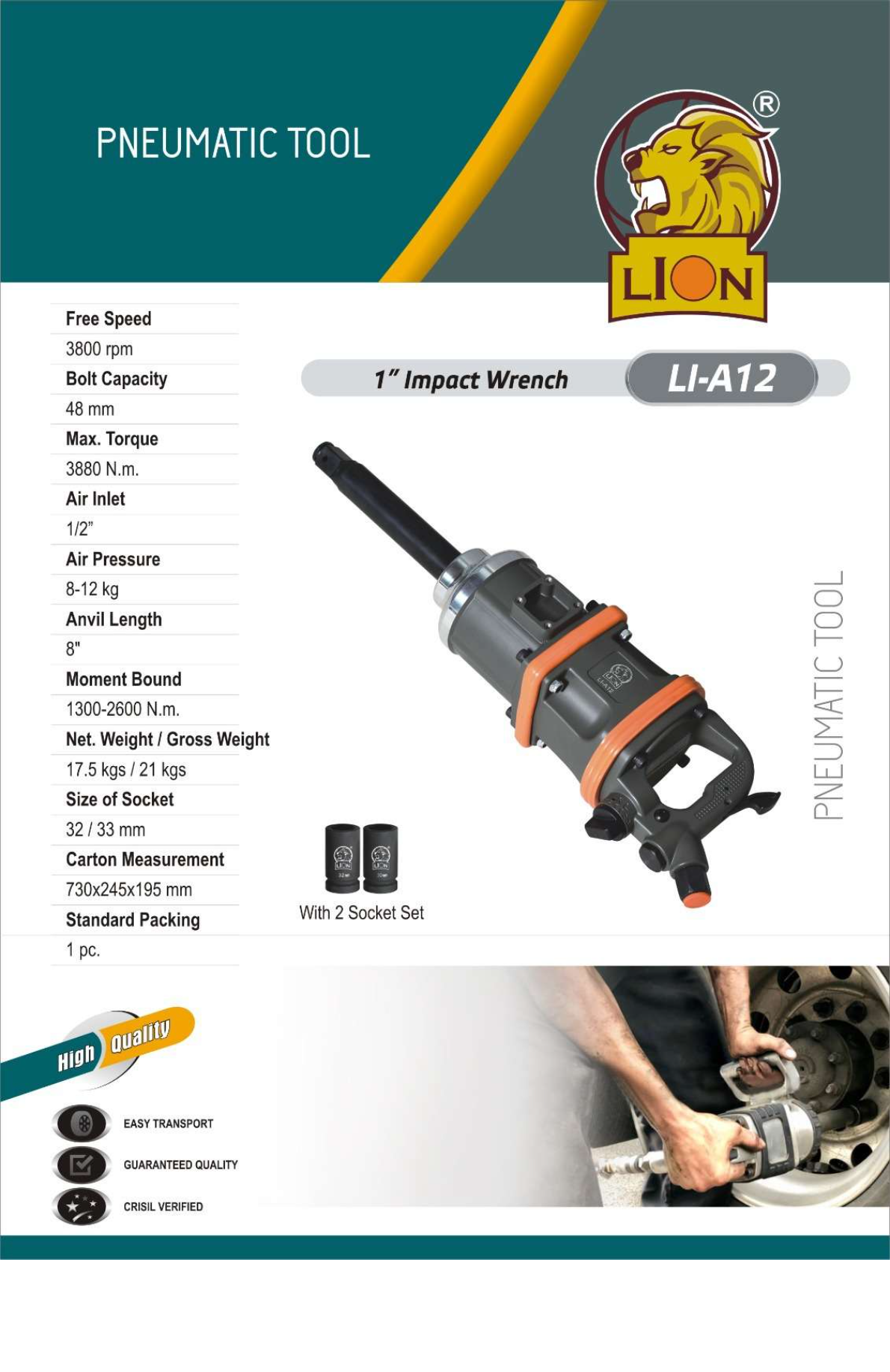 Lion 1 Inch Impact Wrench 3800 RPM with 2 Sockets – LI-A12 | Heavy Duty Air Tool | Alpha Tyre Tools