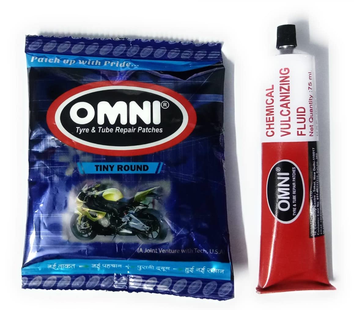 Omni Tyre & Tube Repair Patches Tiny Round 100 Pcs + CVF Solution 75ml | Alpha Tyre Tools