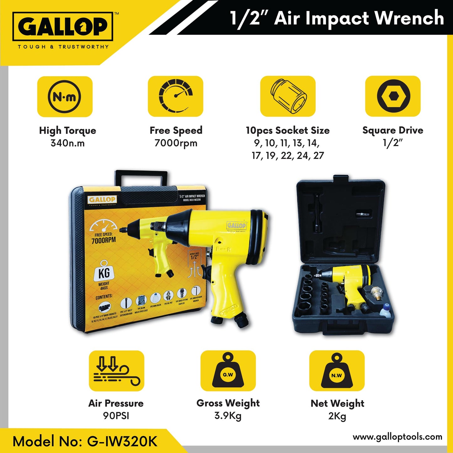 Gallop Impact Wrench 340Nm – 7000 RPM Pneumatic Impact Wrench | Alpha Tyre Tools