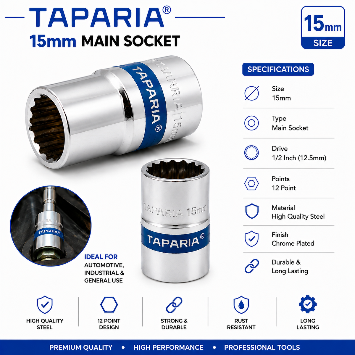 Taparia 15mm Impact Socket – 1/2 Inch Drive