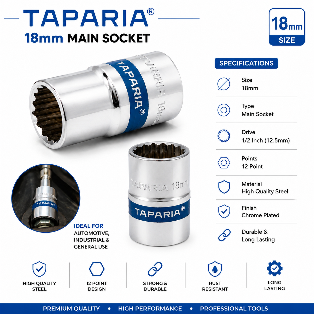 Taparia 18mm Impact Socket – 1/2 Inch Drive